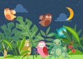 Cute cartoon owls in night fairy tale forest with exotic leaves and moon vector illustration. Flying and sleeping owl on Royalty Free Stock Photo