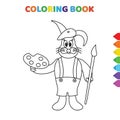 Cute cartoon painter rabbit takes paint brush and colors in hands coloring book for kids. black and white vector illustration for Royalty Free Stock Photo