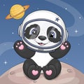 A cute cartoon panda astronaut is sitting on the moon. Royalty Free Stock Photo