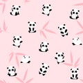 Cute cartoon panda bear seamless pattern, animals on background with bamboo leaf, for kids