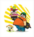 A cute cartoon panda delivers Asian food. Illustration of a courier panda delivering sushi, rolls. The character is isolated on a