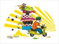 A cute cartoon panda delivers Asian food. Illustration of a courier panda delivering sushi, rolls. Panda is riding a scooter. The