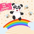 Cute cartoon panda girl running on a rainbow. Greeting card. Royalty Free Stock Photo