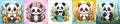 Cute cartoon panda illustration set. Multicolored panda illustration collection for children book. Kids book colorful