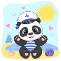 Cute cartoon panda sailor on the beach.