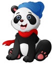 Cute cartoon panda sitting wearing a red scarf and a blue hat Royalty Free Stock Photo