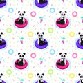 Cute cartoon panda swims in the pool. Panda in glasses drinks a cocktail. Seamless pattern.