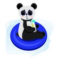 Cute cartoon panda swims in the pool. Panda in glasses drinks a cocktail.