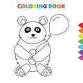 Cute cartoon panda takes air balloons in hand coloring book for kids. black and white vector illustration for coloring book. panda Royalty Free Stock Photo