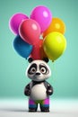 Cute Cartoon Panda With Very Big Eyes Holding Gel Colored Balloons. Generative AI Royalty Free Stock Photo