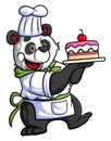 a cute cartoon panda working as a professional chef, carrying a birthday cake