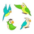 Cute cartoon parrots set on white background