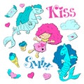 Cute cartoon patch princess with unicorns, hearts, cats and other elements for girls.