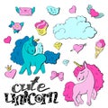 Cute cartoon patch princess with unicorns, hearts, cats and other elements for girls.
