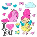 Cute cartoon patch princess with unicorns, hearts, cats and other elements for girls.