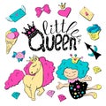 Cute cartoon patch princess with unicorns, hearts, cats and other elements for girls.