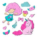 Cute cartoon patch princess with unicorns, hearts, cats and other elements for girls.