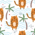 Cute cartoon pattern with tigers, palms, waves Royalty Free Stock Photo