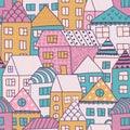 Cute cartoon pattern with tiny houses and trees. Hand drawn seamless ornament with hand drawn town