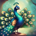 A cute cartoon peacock with beautiful colorful tail in nature Generative AI Royalty Free Stock Photo