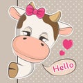 Cute cartoon peeping out cow baby and slogan hello.