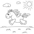 Cute cartoon pegasus. Black and white vector illustration for coloring book