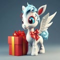 Cute Cartoon Pegasus With Very Big Eyes With A Big Gift Box Red Bow. Generative AI