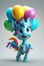 Cute Cartoon Pegasus With Very Big Eyes Holding Gel Colored Balloons. Generative AI