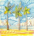 Cute cartoon pencil drawing with three palm trees on the seashore against the backdrop of mountains and ornamental blue sky Royalty Free Stock Photo