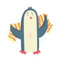 Cute cartoon penguin drying its body with a striped towel after bath colorful character, animal grooming vector