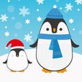 Cute cartoon penguin family for Merry Christmas and New YearÃ¢â¬â¢s celebration with Red Santa hat, and blue scarf under snow and Royalty Free Stock Photo