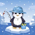 Cute cartoon penguin with a fishing rod and a bucket on ice. Royalty Free Stock Photo