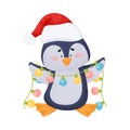Cute Cartoon Penguin Holding Fairy Lights Preparing for the New Year Holiday Vector Illustration