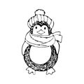 Cute cartoon penguin in a knitted hat and scarf. Winter illustration for design on the theme of Christmas and New year. Hand-drawn Royalty Free Stock Photo