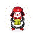 Cute cartoon penguin in red winter hat holding a gift. Hand drawn winter illustration for design on the theme of Royalty Free Stock Photo