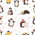 Cute cartoon penguin seamless pattern. Funny arctic animal wearing warm winter clothing and hats isolated on white