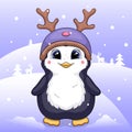 Cute cartoon penguin wearing a deer hat and scarf. Royalty Free Stock Photo