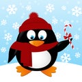 Cute cartoon penguin on winter background
