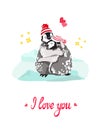 Cute cartoon penguins, boy and girl, in knitted hats, hugging in icy snowy arctic field, glacier, hearts, stars around, I love you