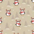 Cute cartoon penguins with deer horns seamless pattern.