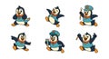 Set of Six Cheerful Cartoon Penguins in Various Poses and Outfits Royalty Free Stock Photo