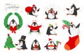 Cute cartoon penguins winter holiday time. Xmas penguin family characters in snow. Cute christmas animals with fir tree Royalty Free Stock Photo