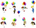 Cute cartoon people and children floating in the sky with balloon