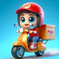 Cute cartoon persona rides pizza delivery motorcycle, wearing helmet, 3D modeling, bright colors, whimsical