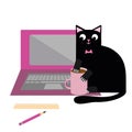 Cute cartoon pet cat and laptop vector illustration. Cheeky black feline character plays with coffee cup and disrupts Royalty Free Stock Photo