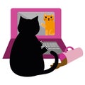 Cute cartoon pet cat and laptop vector illustration. Cheeky black kitty communicates with ginger furry friend and Royalty Free Stock Photo