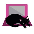 Cute cartoon pet cat and laptop vector illustration. Sleepy black kitty snoozes on keyboard and disrupts business office