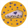 Cute cartoon pie slice on round shaped yellow background.