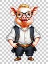 Cute cartoon pig in business suit and glasses on transparent background illustration