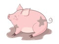 Cute cartoon pig in the puddle of mud.